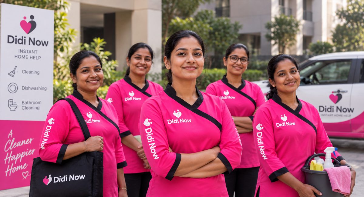 Didi Now professionals in pink uniforms outside a Hyderabad gated community
